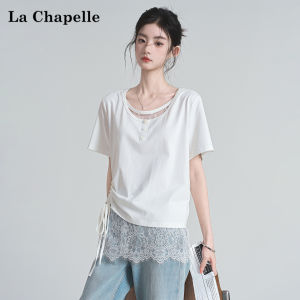 La Chapelle | False Layer U-neck Lace Spliced Short-sleeved Shirt