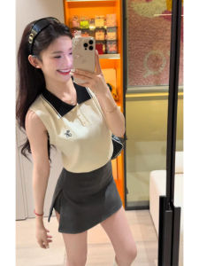 YUEZHONGWEI | French Collar Sleeveless Ice Silk Knitted Vest Women Summer Outdoor Wear Slim Fit Short Polo Shirt Top Fashion Commute Style