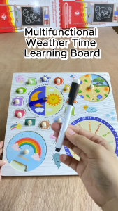 Montessori Wooden Multifunctional Calendar Weather/Time Learning Board w/Pen for Party Gift