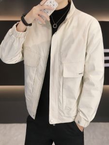 HENGYUANXIANG | Casual Stand Collar Mens Jacket Fashionable All-Match Spring Autumn Workwear Coat Antifurrow Polyester Fiber Long Sleeve Zipper Decoration