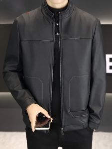 HENGYUANXIANG | Black PU Leather Jacket Mens Casual Autumn Winter Business Style Stand Collar All-Match High-End Dad Clothes Fashion Urban