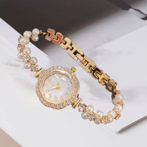 Women Watch French Romantic Pearl Studded Diamond Bracelet Watch for Women Pearl Chain Quartz Wristwatch