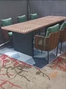 BUNISE Scandinavian Outdoor Dining Set P3405 - โต๊ะไม้ & เก้าอี้หวายสาน กันแดดกันฝน เหมาะสำหรับสวน & วิลล่าริมทะเล