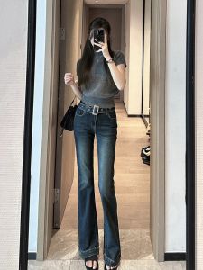 กางเกงยีนส์ทรงสลิมฟิตเอวต่ำสำหรับผู้หญิง สีน้ำเงินเข้ม กางเกงขายาวทรงกระบอกเล็ก กางเกงยีนส์ทรงยาว ทรงสลิมฟิต ความยาวปกติ