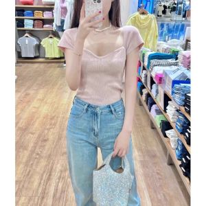 HUOLISI | French Style Square Neck Ice Silk Knit Short Sleeve T-shirt