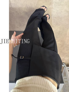 Quần Ống Loe Dài Màu Đen Cho Nữ Mùa Thu Cạp Cao Quần Ống Rộng Dài Đến Sàn Phong Cách Công Sở Quần Ống Thẳng