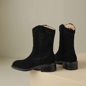 รองเท้าบูทหนังสไตล์วิสโคสแบบลำลองสำหรับผู้หญิง ฤดูใบไม้ผลิและฤดูใบไม้ร่วง ส้นสูงปานกลาง ทรงกลม รองเท้าบูทแบบลำลองสำหรับฤดูใบไม้ร่วงและฤดูใบไม้ผลิ