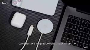 HOCO CW63 15W Qi2 Mini Magnetic Wireless Fast Charger Type-C Cable Charging Dock 1.2M For Smartphone/TWS Headsets Compatible For I16 15 13 Pro Max Samsung Wireless Charging Pad