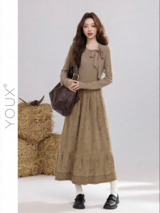 YOUXIANG | Đầm Patchwork Kết Hợp Dây Kéo Gọn Phong Cách Retro