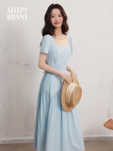 French Square Neck Slimming Waisted Blue A-Line Dress