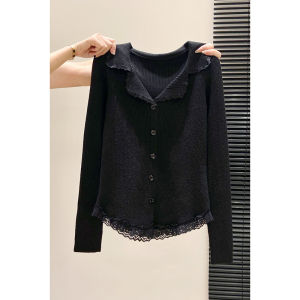 2026 New Style French Lace Trim V-Neck Long Sleeve Knitted Blouse Spring
