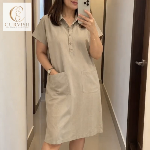 WOMEN’S COTTON LINEN SHIRT DRESS LOOSE FIT SHORT SLEEVE COLLARED BUTTON DOWN DRESS WITH 2 FRONT POCKETS PLUS SIZE S-M TO 2XL-3XL