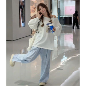 YUEZHONGWEI | White Asymmetrical Shoulder Cartoon Dog Print Ice Silk Long Sleeve T-Shirt Women Summer Thin Outerwear Air Conditioned Shirt Top