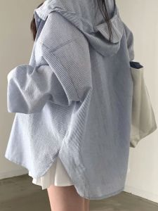 plus Size Womens Shirt Korean Style Loose Fit Long Sleeve Striped Hoodie Sun Protection Anti-Aging Autumn Design for Younger Look