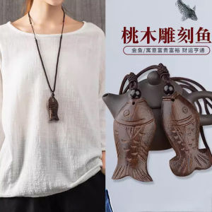 Retro Wooden Fish Necklace Pendant Peach Wood Carving Ethnic Long Wooden Sweater Chain Accessory Versatile Individual Hanging Ornament