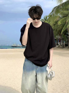 Heavyweight Pure Black Cotton Oversize Casual Short Sleeve T-Shirt for Men Summer Trendy Brand Loose Fit round Neck Top