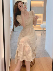 Elegant Beautiful Summer New Style French Sweet Fairy Lace Dress Womens High Waist Bubble Sleeve Silk A-Line Midi Dress