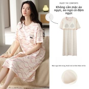 MiiOW | Váy ngủ cotton nguyên chất mùa hè cho nữ váy dài tay ngắn dáng rộng thoáng khí mặc ở nhà quần áo mặc ở nhà