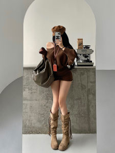 Bộ Đồ Dệt Kim YoungGirlDay Pure Desire Lazy Style Áo Dài Tay Rộng Eo Cao Quần Short Tua Rua Thời Trang Mùa Thu 2024