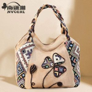 Elegant Cotton Linen Handbag for Women Small Round National Style Casual Tote Bag with Floral Elements