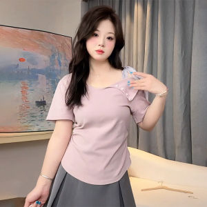plus Size Womens T-Shirt Summer New Style Short Sleeve Butterfly Knot Belly Covering Slimming Irregular Womens Top