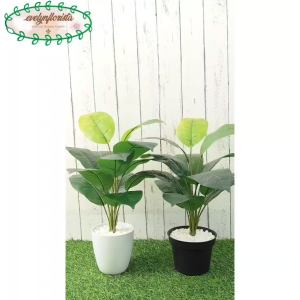 Tanaman Artificial Pohon Hias Daun Keladi Hijau X12 Pot Dasar Hitam & Pot Melamine Putih Dekorasi Cafe Dekorasi Studio