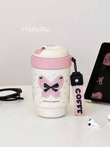 Portable Insulated Coffee Cup for Women High Aesthetic Value 2024 New Model Straw On-The-Go Student Water Bottle Stainless Steel