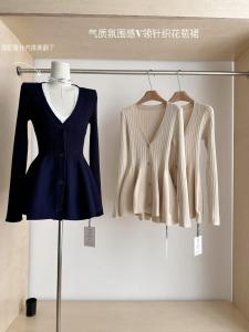 Navy Blue V-neck Waist Trimming Knitted Dress Women Autumn Paperman Lotus Leaf Stretch Mid Length Knitted Tops