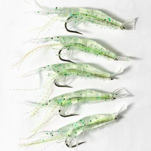 5PCS Soft Plastic Shrimp Lure with [Back-Barb Hook + Glow + Spinners] - Weedless Bass Bait for Saltwater & Freshwater