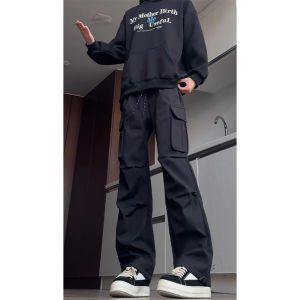 กางเกงขายาวทรงหลวมสไตล์อเมริกันสำหรับผู้ชาย กางเกงขายาวทรงตรงมีกระเป๋าหนา มีซิป ผ้าขนแกะ ฤดูใบไม้ร่วง/ฤดูหนาว กางเกงขายาวป้องกันน้ำสำหรับเดินป่า