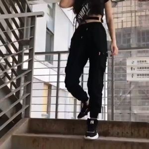 Women Cargo Pants 2022 Harajuku Elastics High Waist Harem Pants Fashion Punk Pockets Jogger Trousers With Chain Streetwear