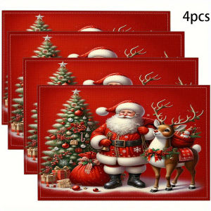 VIKAMA 4-Piece Santas Reindeer Placemats Easy-Clean Christmas Dinner Family Gatherings & Holiday Parties Table Decor