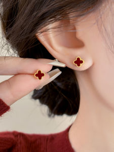YICAN | Sterling Silver Wine Red Clover Shape Earrings