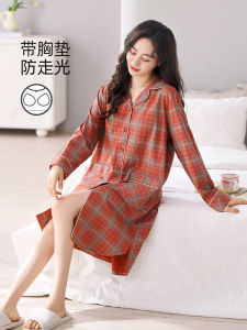ชุดเดรสใส่นอนพร้อมฟองน้ำเสริมทรวงอกสำหรับผู้หญิงเดรสชุดนอนแขนยาวผ้าฝ้ายแท้แบบบางใส่ช่วงฤดูใบไม้ผลิและฤดูใบไม้ร่วงสำหรับผู้หญิงเดรสคาร์ดิแกนยาวคลุมเข่าสำหรับผู้หญิงเสื้อเชิ้ตฤดูใบไม้ร่วงและฤดูหนาว