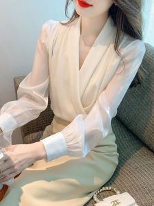 Fancy Non-Ironing Anti-Wrinkle Satin Professional White Shirt Womens Fall and Winter Stylish V-neck Temperament Wild Acetate Shirt