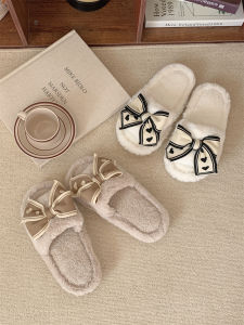 Winter New Style Furry Slippers Women Flat Bottom Anti-Slip Butterfly Knot Home Slippers Warm Sweet Style Velvet Upper
