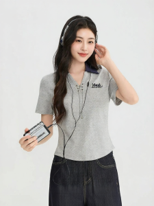 SANFU | Summer New Letter Embroidery Detachable Chain Colorblock Collar Womens Short Sleeve Top