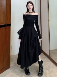 RELNLEX | Đầm Dài Màu Đen Kiểu Dáng Pháp Elegance Mô Hình Một Vai cho Phụ Nữ Size Lớn