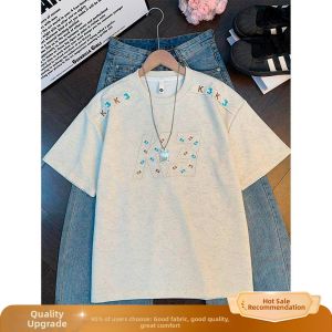 OUMULONG | American Style Tie-Dye Embroidery Regular Shoulder T-Shirt