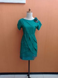 mini midi dress wanita hijau batik rempel M L cewek lengan pendek santai