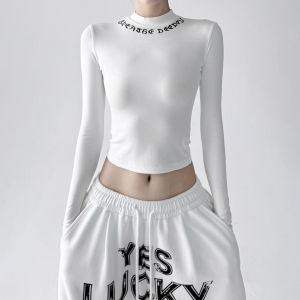 MUYUZI | Vintage Letter Print Slim Fit Tshirt Women
