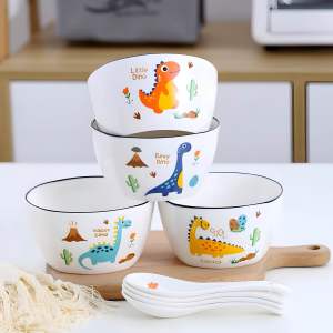 Bộ 4 Chén Sứ Đủ 4 Màu Họa Tiết Khủng Long Dino Dễ Thương 11.5x6cm – Chén Ăn Cơm Gốm Sứ Cao Cấp Dùng Được Lò Vi Sóng Máy Rửa Chén