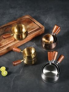 Stainless Steel Sauce Cup Dipping Saucer Wooden Handle Steak Gravy Cup Kitchen Pouring Bowl