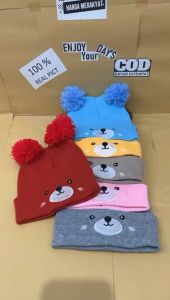 Topi ciput bayi laki laki motif kupluk pompom karakter bear/topi bayi perempuan motif beruang