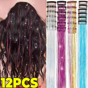 12Pcs Synthetic Hair Tinsel Clip in 20Inch Glitter Tinsel Hair Clip in Tinsel Kit Heat Resistant Shiny Sparkle Fairy Hair