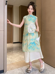 ชุดกี่เพ้าฤดูร้อนสำหรับเด็กผู้หญิง ชุดกี่เพ้าสไตล์จีนใหม่ปี 2024 ชุดเดรสยาวลายภูเขาและลำธารสไตล์ย้อนยุคที่หรูหราสำหรับฤดูร้อน