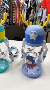 Large Cartoon Kids Sippy Cup Straw Cup Antler Plastic for Baby Portable Strap Water Bottle Tumbler MY294