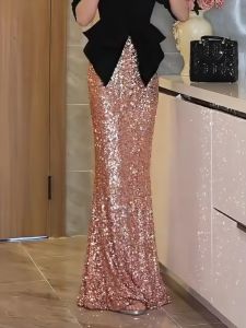 Pink Heavy Drill Design High Waist Half Body Skirt Womens Fashion Elegant Luxury Long Dress Autumn New Style Ageless Match All