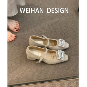 Sheepskin Version French Heel Diamond Square Buckle Mary Jane Shoes Fleece Lined Cotton Shoes Elegant One Strap Fur Shoes