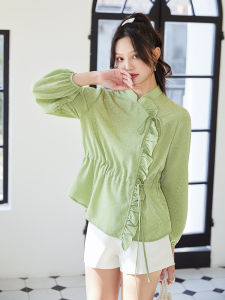 Áo Sơ Mi Nữ Phong Cách Trung Hoa Mới 2025 Áo Sơ Mi Cổ Tròn Tay Dài Màu Xanh Lá Cây Có Dây Rút Áo Sơ Mi Cổ Điển Cải Tiến